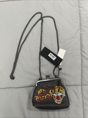 Ed Hardy Black Crossbody Mini Bag with Red & Yellow Skull